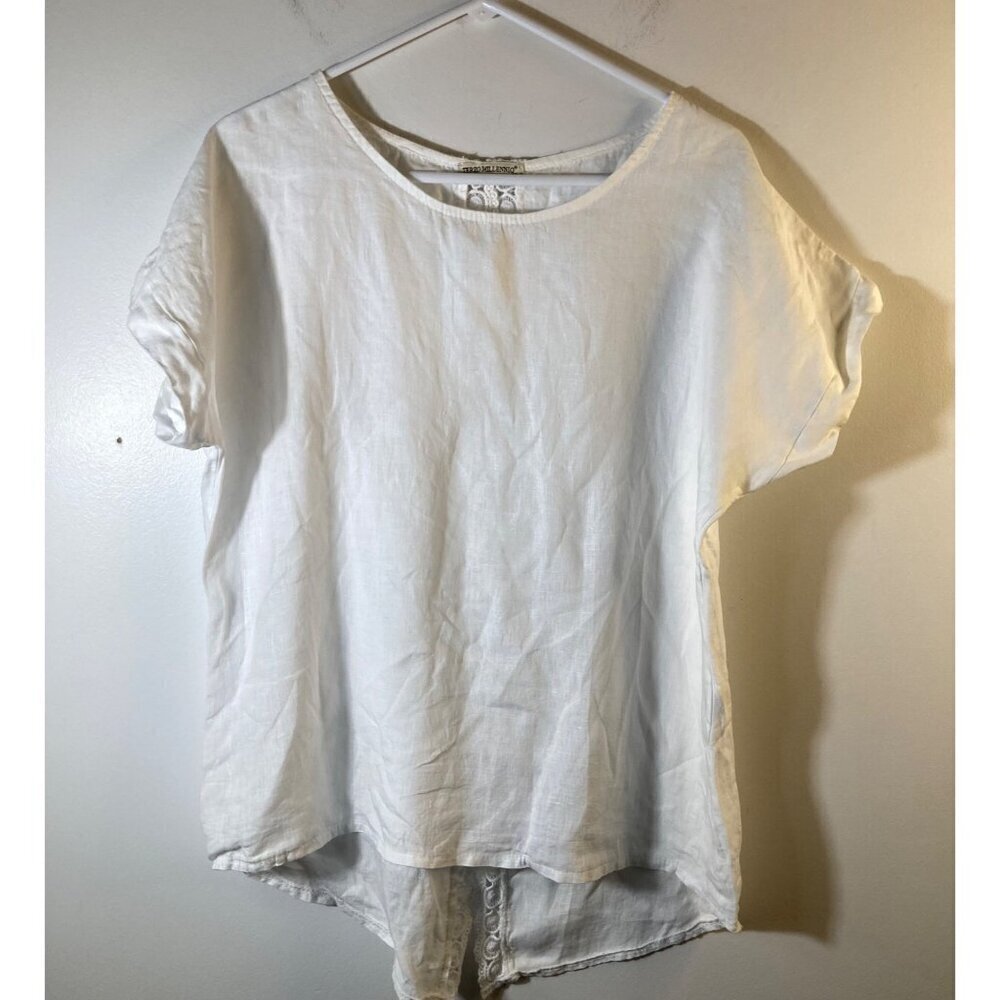 Womens Terzo Millennio Linen Tunic High Lo Crochet Lace Back White M